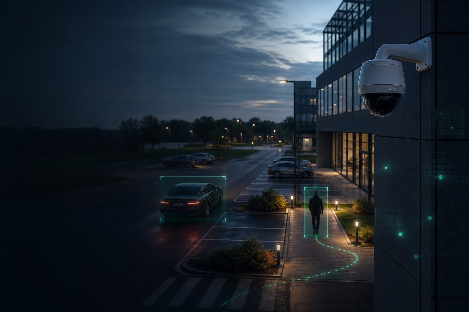 CCTV analytics monitoring a person and vehicle outside a commercial site