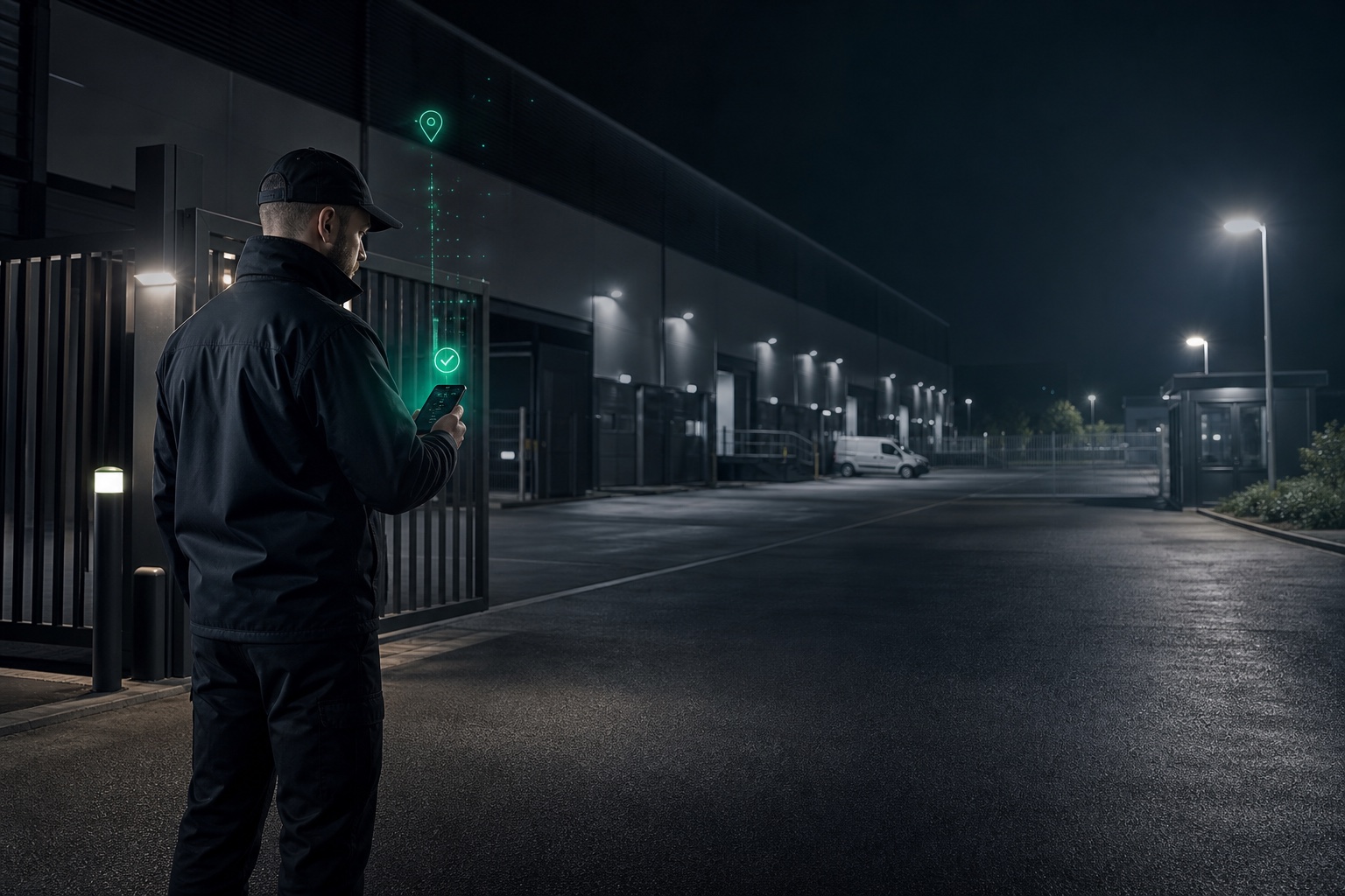 Lone security worker checking in from a warehouse site at night