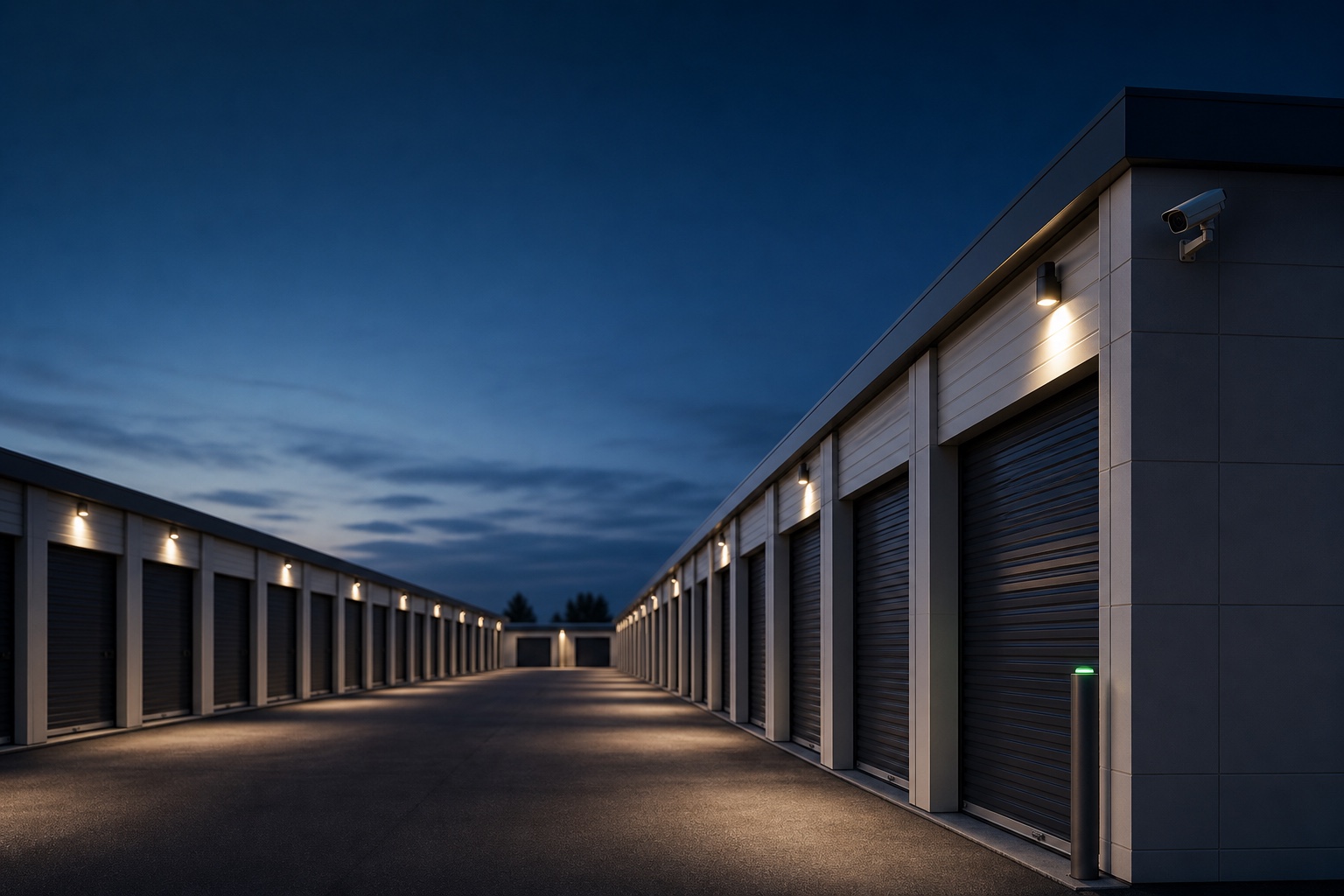 Monitored self-storage facility at twilight